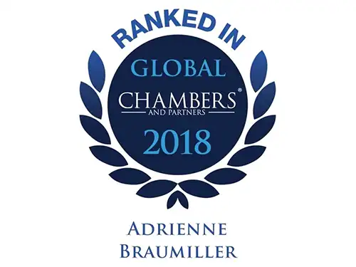 An award badge indicating Adrienne Braumiller's 2018 ranking in the Global Chambers and Partners.