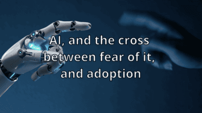 Robotic hand reaching out with text about AI, fear, and adoption.