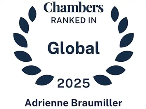 High-ranking Chambers recognition badge for Adrienne Braumiller in 2025, law firm excellence.