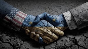 Trusted legal partnership symbolized by a handshake with American flag and cracked earth background.