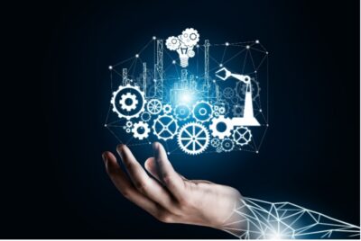 Innovative engineering concepts with gears, robotic arm, and lightbulb in digital network.