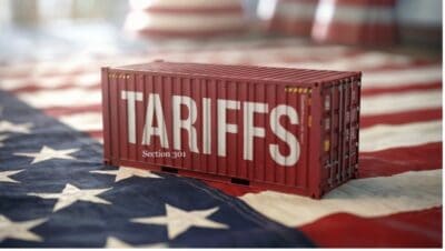 Shipping container labeled 'TARIFFS' on American flag background.