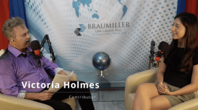 Interview with Victoria Holmes at Braumiller Law Group podcast studio.