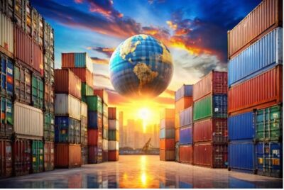 Global trade and shipping containers with Earth in the background.