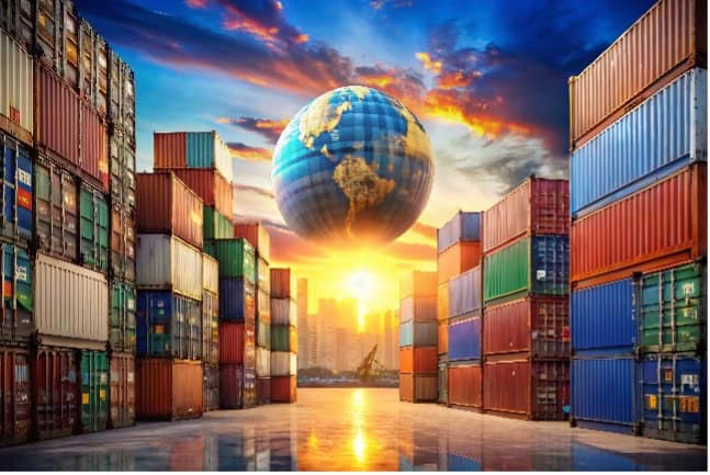 Global trade and shipping containers with Earth in the background.