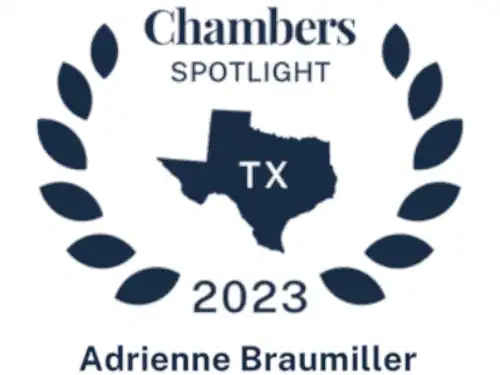 Accessible, professional logo for Braumiller Law Group featuring Texas map and Chambers Spotlight 20.