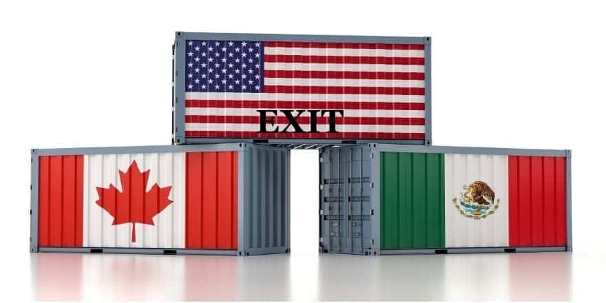 Border crossing containers with US, Canadian, and Mexican flags.