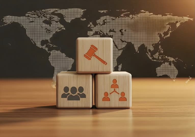 Legal and organizational icons on wooden blocks with world map background.