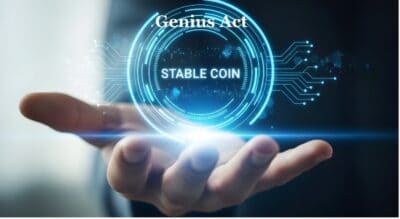Futuristic digital coin representing stable cryptocurrency and the GENIUS Act.