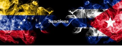 Flags of the United States and Cuba with the word 'Sanctions' in the center.