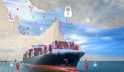 Cargo ship navigating waterways with security icons and data flow.