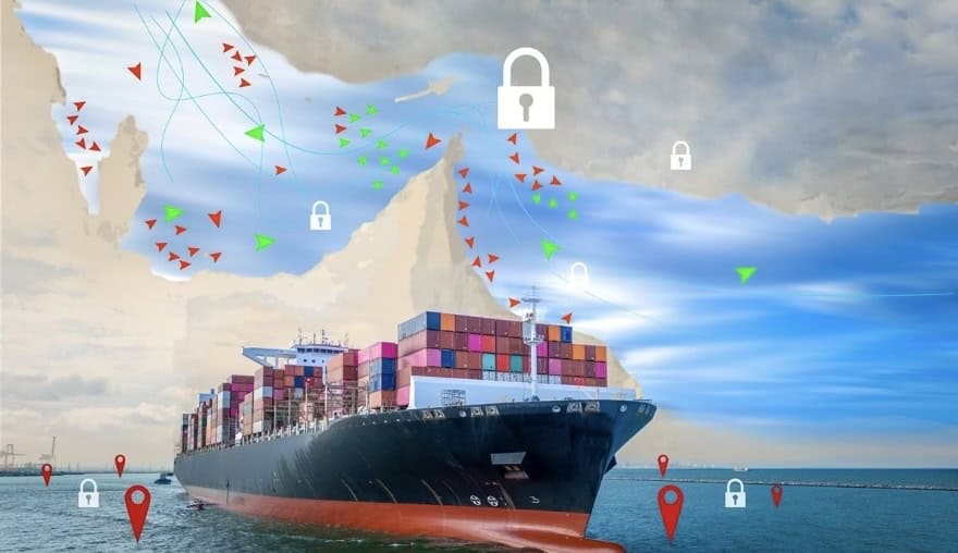 Cargo ship navigating waterways with security icons and data flow.