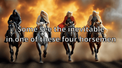 Four horsemen riding into the sunset with dramatic clouds in the background.