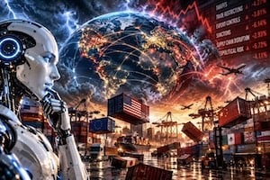 Futuristic robot overlooking global trade and cyber threats.
