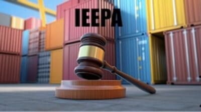 Gavel in front of stacked colorful shipping containers representing legal and contractual issues.