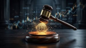 Gavel striking a glowing coin representing crypto regulation and legal authority.