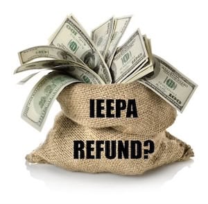 Money spilling from a burlap sack labeled IEEPA Refund?.