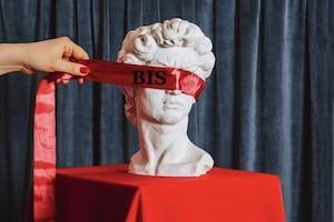 Bust of a classical statue with a blindfold labeled BIS in front of a dark curtain.